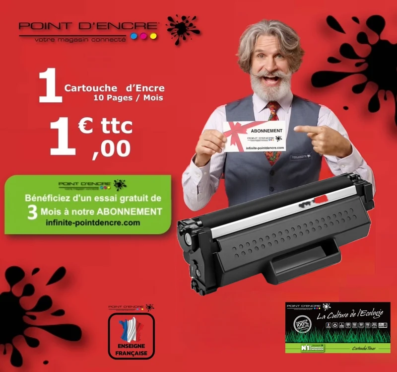 TN1150 - Noir - ABONNEMENT - Grande capacité Marque Francaise POINT D'ENCRE pour Imprimantes compatibles Brother (clp)