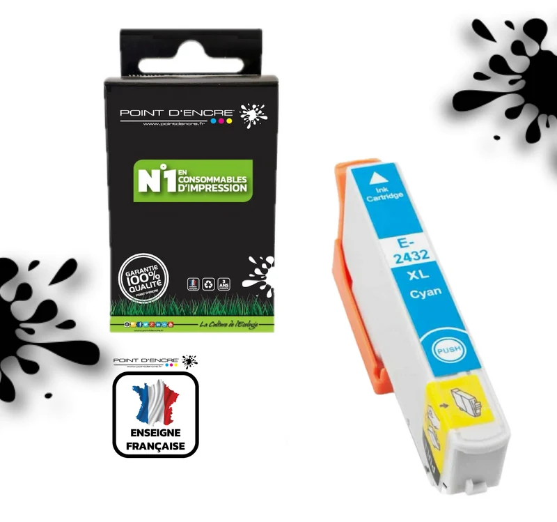 24XL - Eléphant - CYAN - Grande capacité de Marque Francaise POINT D'ENCRE Pour imprimante compatible EPSON (cee)
