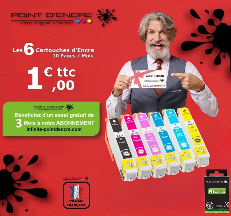 24XL - Eléphant - ABONNEMENT - NOIR / CYAN / CYAN PHOTO / MAGENTA / MAGENTA PHOTO / JAUNE - Grande capacité de Marque Francaise POINT D'ENCRE Pour imprimante compatible EPSON (cee)