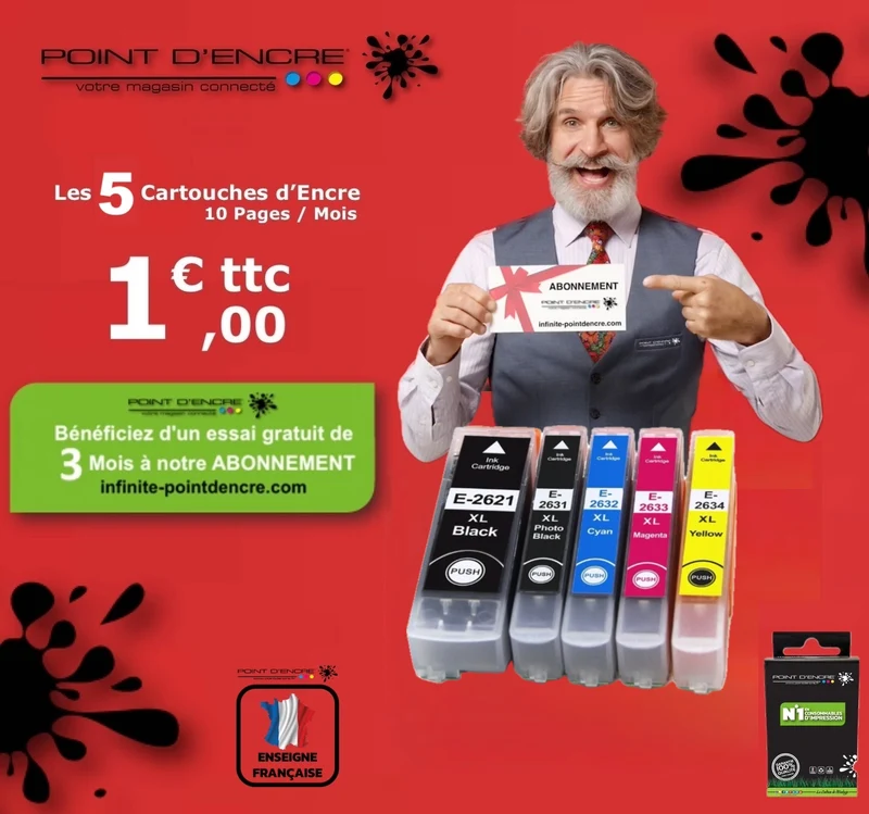 26XL - Ours - ABONNEMENT - NOIR / CYAN / MAGENTA / JAUNE / NOIR PHOTO - Grande capacité de Marque Francaise POINT D'ENCRE Pour imprimante compatible EPSON (cee)