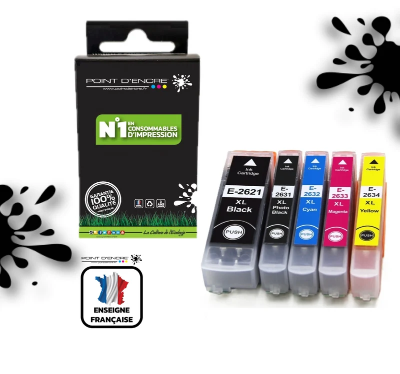 26XL - Ours - NOIR / CYAN / MAGENTA / JAUNE / NOIR PHOTO - Grande capacité de Marque Francaise POINT D'ENCRE Pour imprimante compatible EPSON (cee)