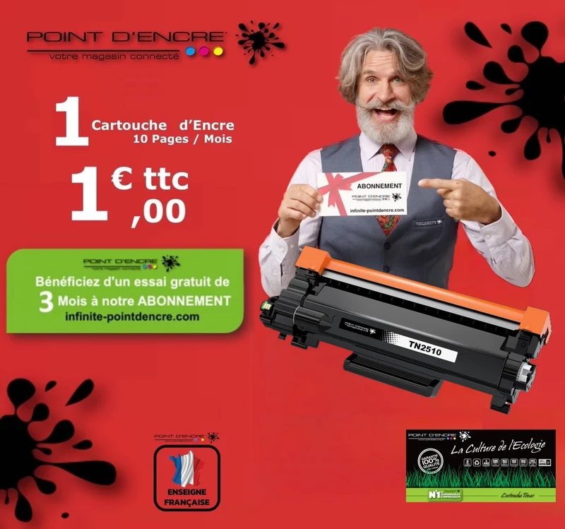 TN2510XL - NOIR - ABONNEMENT - Grande capacité Marque Francaise POINT D'ENCRE pour Imprimantes compatibles Brother (clbr)