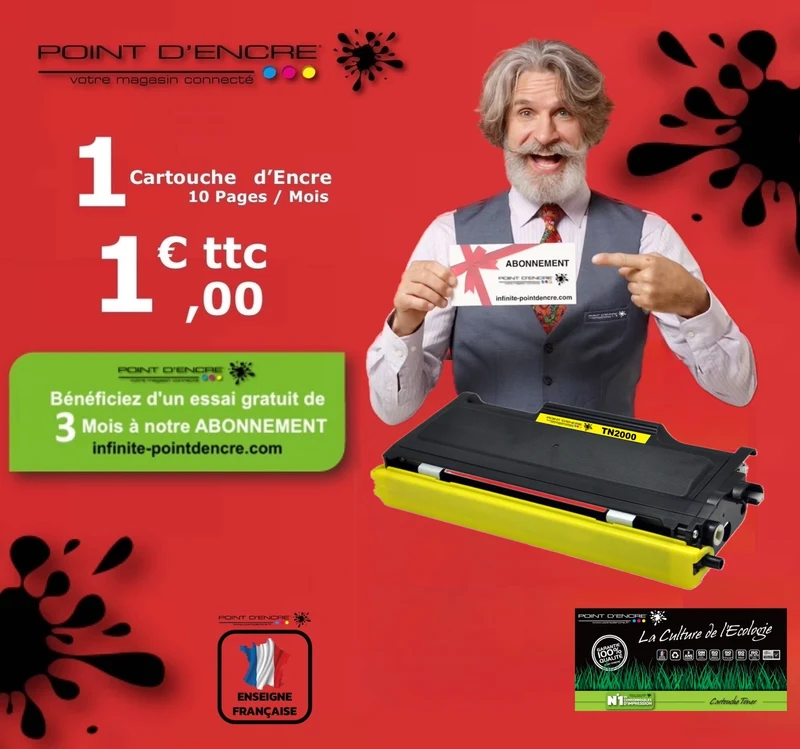 TN2000 - NOIR - ABONNEMENT - Grande capacité Marque Francaise POINT D'ENCRE pour Imprimantes compatibles Brother (clbr)