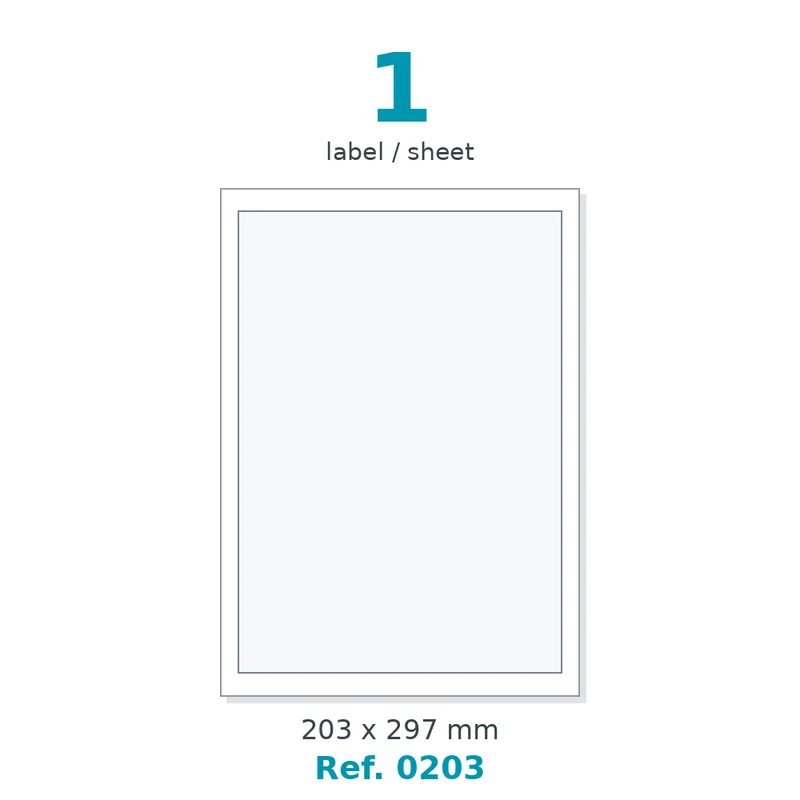 Planche A4 étiquettes velin blanc 203 x 297 mm - 1 étiq./planche - carton de 10 boîtes (200 planches/boîte) - Réf. 0203