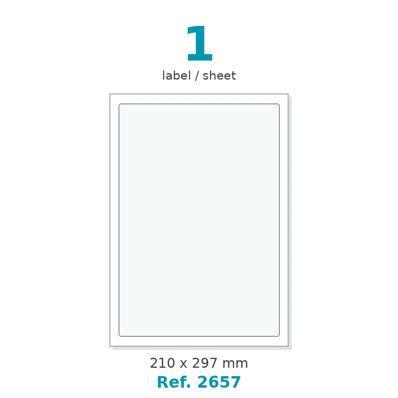 Planche A4 étiquettes velin blanc 210 x 297 mm - 1 étiq./planche - carton de 10 boîtes (500 planches/boîte) - Réf. 2657