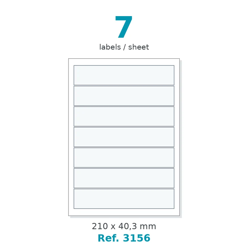 Planche A4 étiquettes velin blanc 210 x 40,3 mm - 7 étiq./planche - carton de 10 boîtes (500 planches/boîte) - Réf. 3156