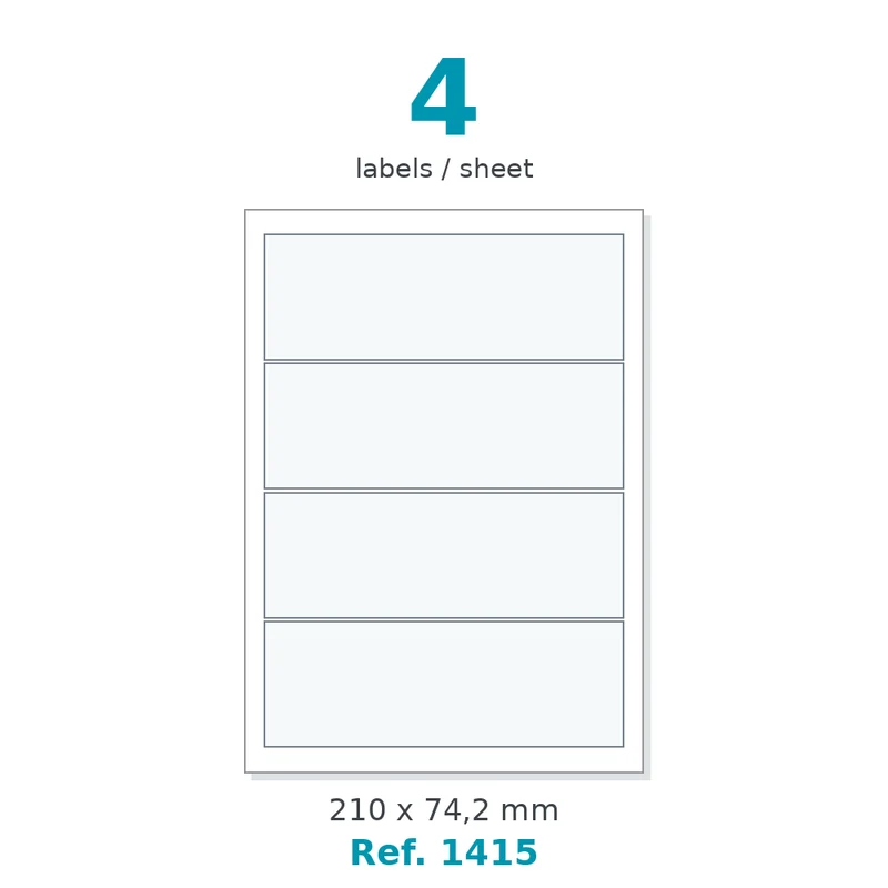 Planche A4 étiquettes velin blanc 210 x 74,2 mm - 4 étiq./planche - carton de 10 boîtes (200 planches/boîte) - Réf. 1415