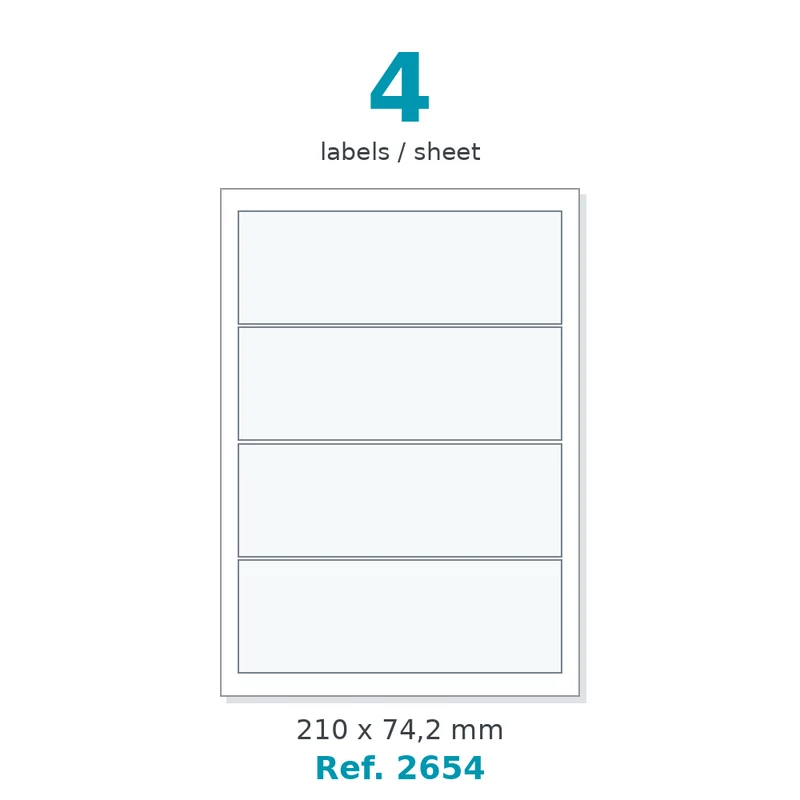 Planche A4 étiquettes velin blanc 210 x 74,2 mm - 4 étiq./planche - carton de 10 boîtes (500 planches/boîte) - Réf. 2654