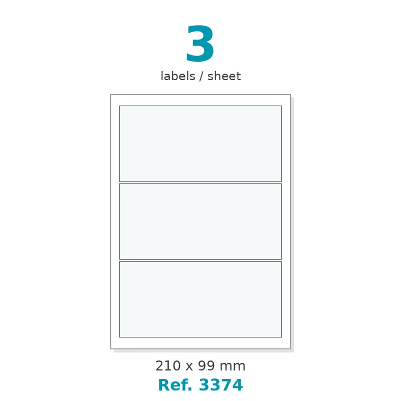 Planche A4 étiquettes velin blanc 210 x 99 mm - 3 étiq./planche - carton de 10 boîtes (100 planches/boîte) - Réf. 3374