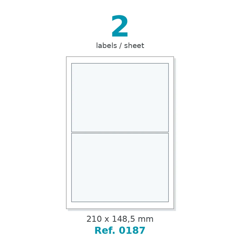 Planche A4 étiquettes velin blanc 210 x 148,5 mm - 2 étiq./planche - carton de 10 boîtes (100 planches/boîte) - Réf. 0187