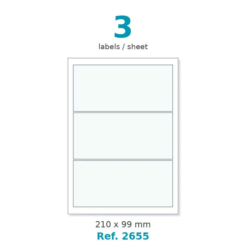 Planche A4 étiquettes velin blanc 210 x 99 mm - 3 étiq./planche - carton de 10 boîtes (500 planches/boîte) - Réf. 2655