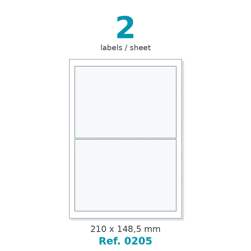 Planche A4 étiquettes velin blanc 210 x 148,5 mm - 2 étiq./planche - carton de 10 boîtes (200 planches/boîte) - Réf. 0205