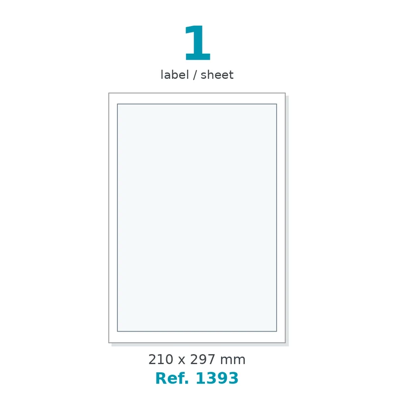 Planche A4 étiquettes velin blanc 210 x 297 mm - 1 étiq./planche - carton de 10 boîtes (100 planches/boîte) - Réf. 1393