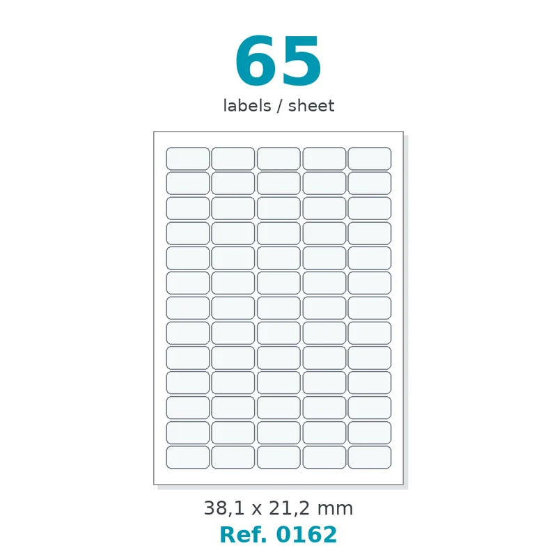 Planche A4 étiquettes velin blanc coins arrondis 38,1 x 21,2 mm - 65 étiq./planche - carton de 10 boîtes (100 planches/boîte) - Réf. 0162