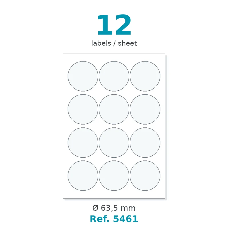 Planche A4 étiquettes velin blanc coins arrondis ronde Ø 63,5 - 12 étiq./planche - carton de 10 boîtes (100 planches/boîte) - Réf. 5461