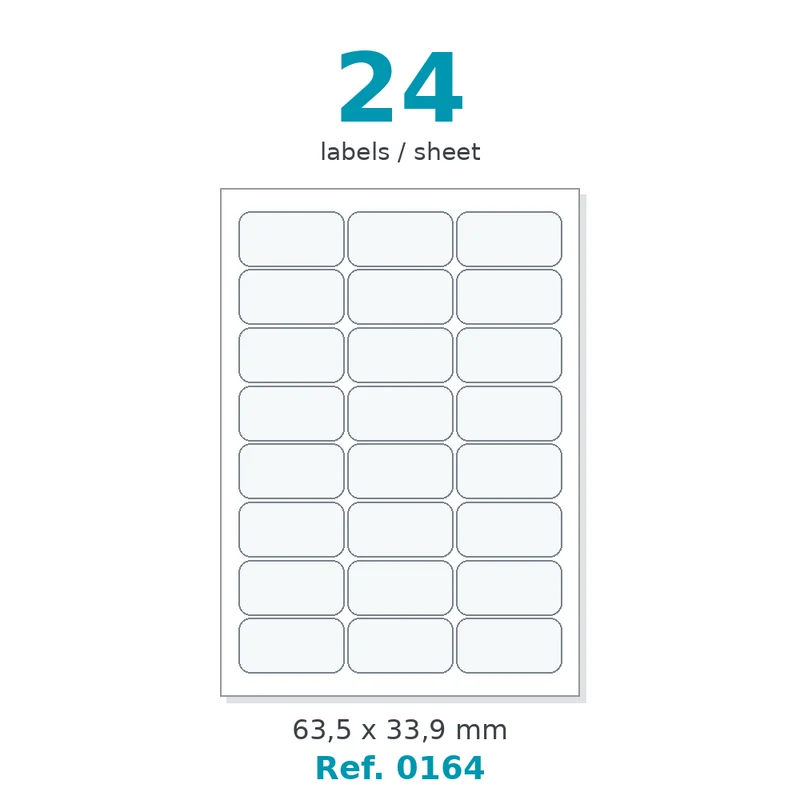Planche A4 étiquettes velin blanc coins arrondis 63,5 x 33,9 mm - 24 étiq./planche - carton de 10 boîtes (100 planches/boîte) - Réf. 0164
