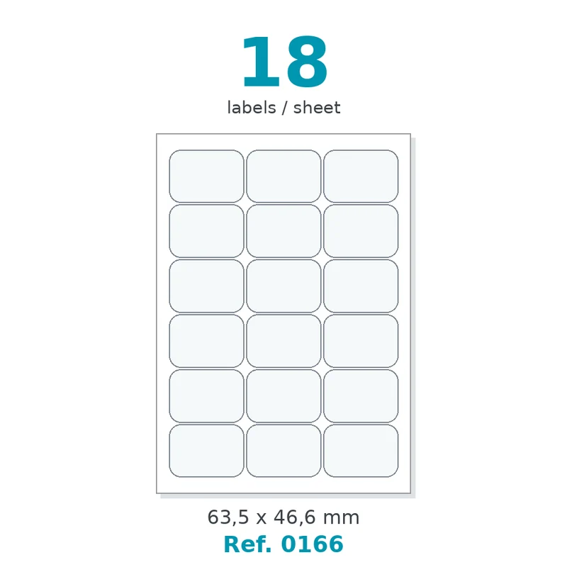 Planche A4 étiquettes velin blanc coins arrondis 63,5 x 46,6 mm - 18 étiq./planche - carton de 10 boîtes (100 planches/boîte) - Réf. 0166