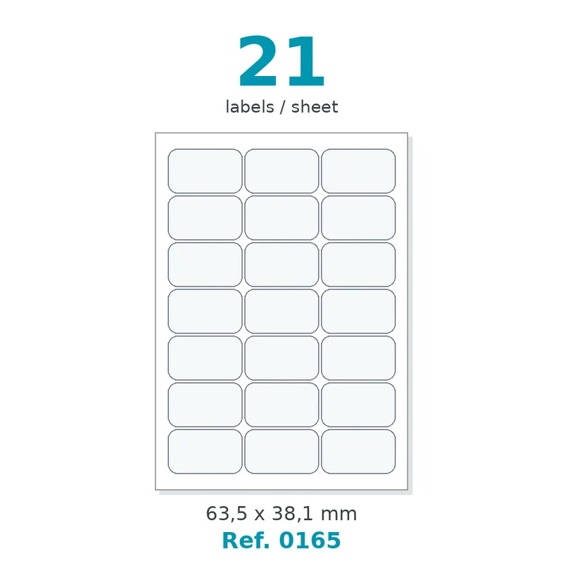 Planche A4 étiquettes velin blanc coins arrondis 63,5 x 38,1 mm - 21 étiq./planche - carton de 10 boîtes (100 planches/boîte) - Réf. 0165