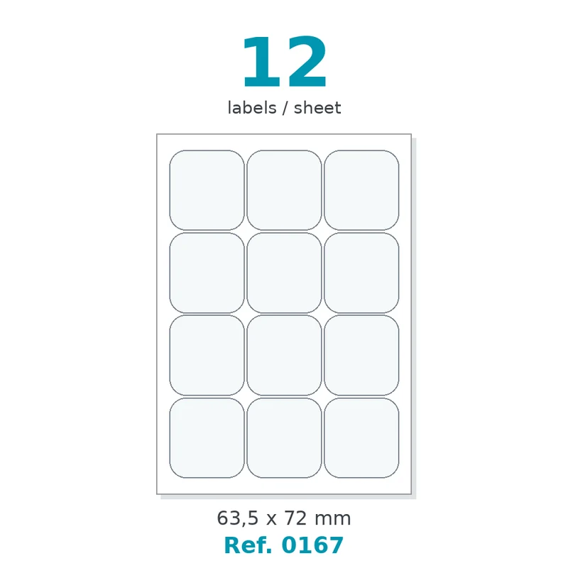 Planche A4 étiquettes velin blanc coins arrondis 63,5 x 72 mm - 12 étiq./planche - carton de 10 boîtes (100 planches/boîte) - Réf. 0167