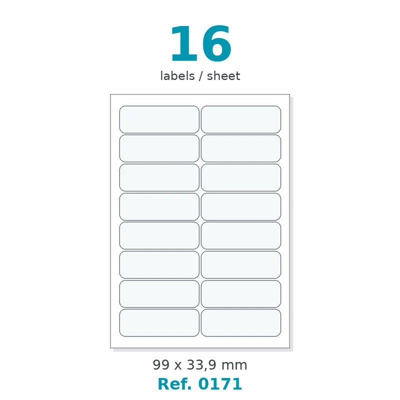 Planche A4 étiquettes velin blanc coins arrondis 99 x 33,9 mm - 16 étiq./planche - carton de 10 boîtes (100 planches/boîte) - Réf. 0171