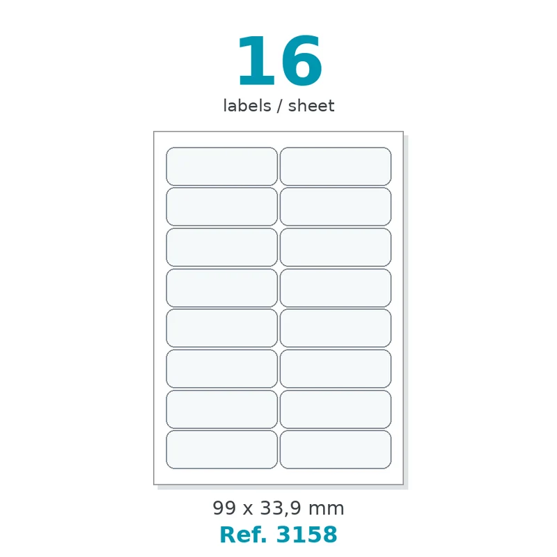 Planche A4 étiquettes velin blanc coins arrondis 99 x 33,9 mm - 16 étiq./planche - carton de 10 boîtes (500 planches/boîte) - Réf. 3158