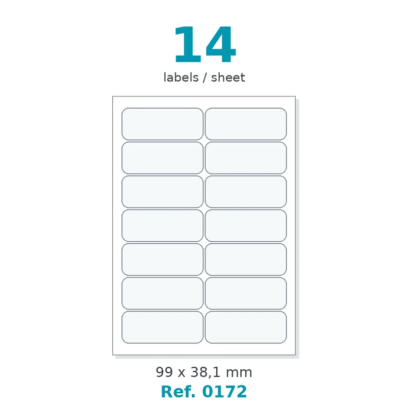 Planche A4 étiquettes velin blanc coins arrondis 99 x 38,1 mm - 14 étiq./planche - carton de 10 boîtes (100 planches/boîte) - Réf. 0172