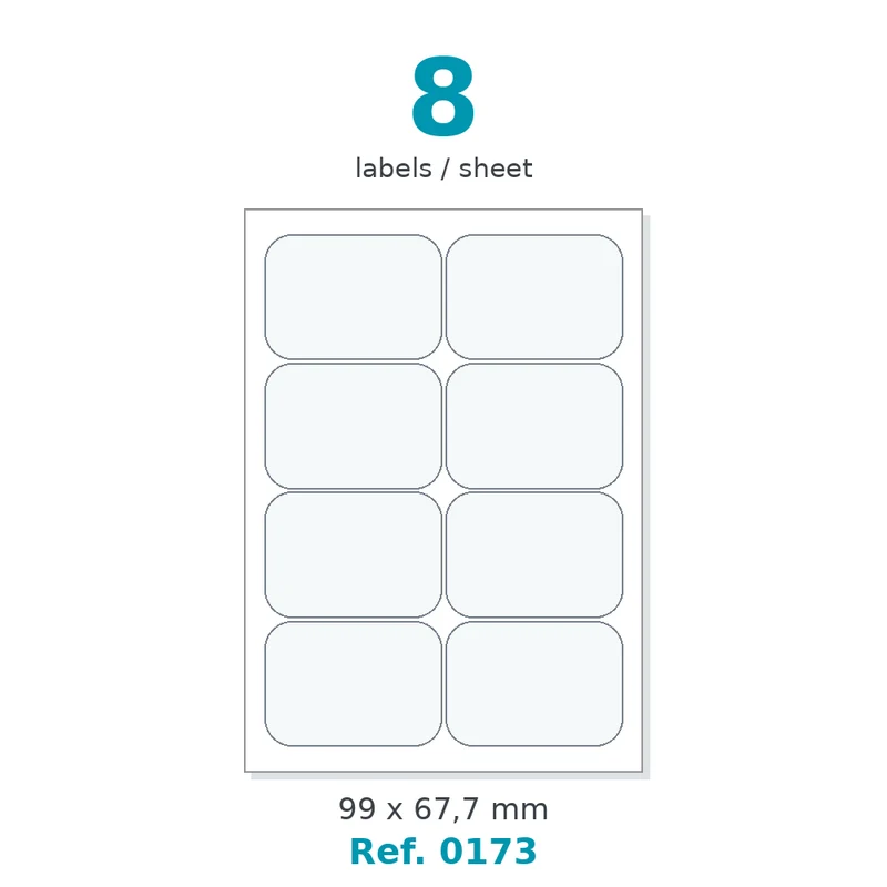 Planche A4 étiquettes velin blanc coins arrondis 99 x 67,7 mm - 8 étiq./planche - carton de 10 boîtes (100 planches/boîte) - Réf. 0173
