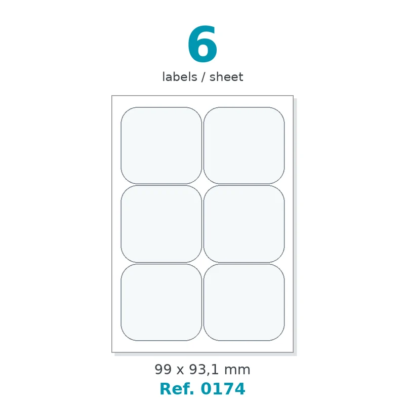 Planche A4 étiquettes velin blanc coins arrondis 99 x 93,1 mm - 6 étiq./planche - carton de 10 boîtes (100 planches/boîte) - Réf. 0174