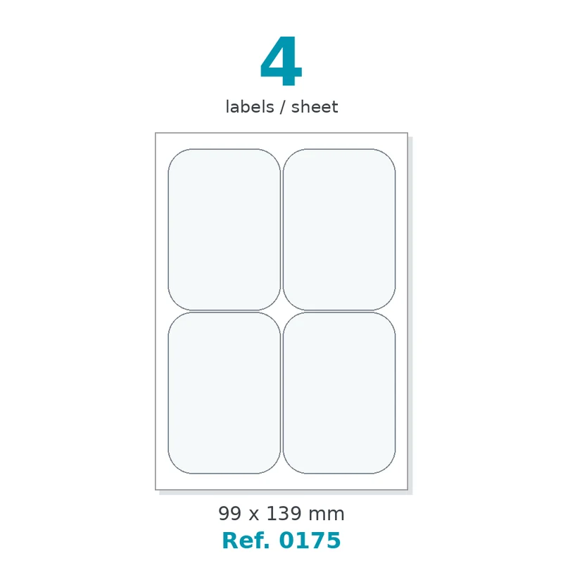 Planche A4 étiquettes velin blanc coins arrondis 99 x 139 mm - 4 étiq./planche - carton de 10 boîtes (100 planches/boîte) - Réf. 0175