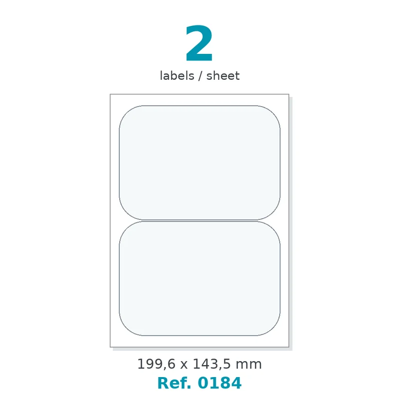 Planche A4 étiquettes velin blanc coins arrondis 199,6 x 143,5 mm - 2 étiq./planche - carton de 10 boîtes (100 planches/boîte) - Réf. 0184
