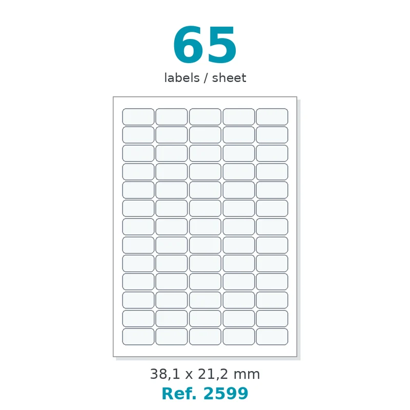 Planche A4 étiquettes velin blanc coins arrondis 38,1 x 21,2 mm - 65 étiq./planche - carton de 10 boîtes (200 planches/boîte) - Réf. 2599