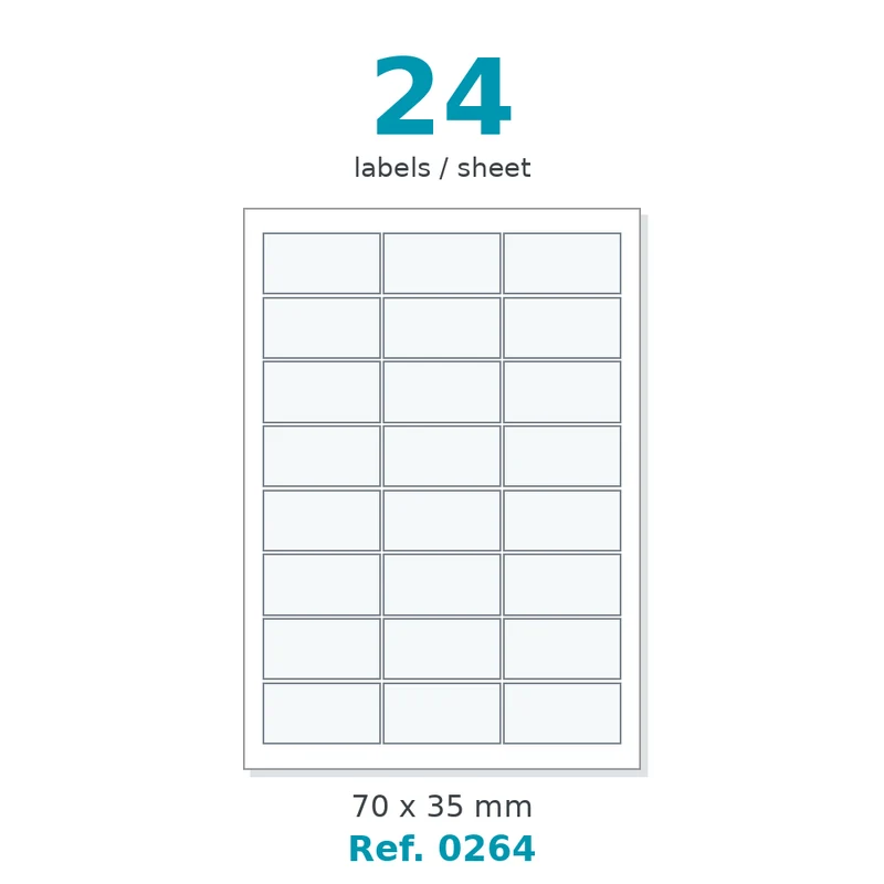 Planche A4 étiquettes velin blanc coins vifs 70 x 35 mm - 24 étiq./planche - carton de 10 boîtes (200 planches/boîte) - Réf. 0264