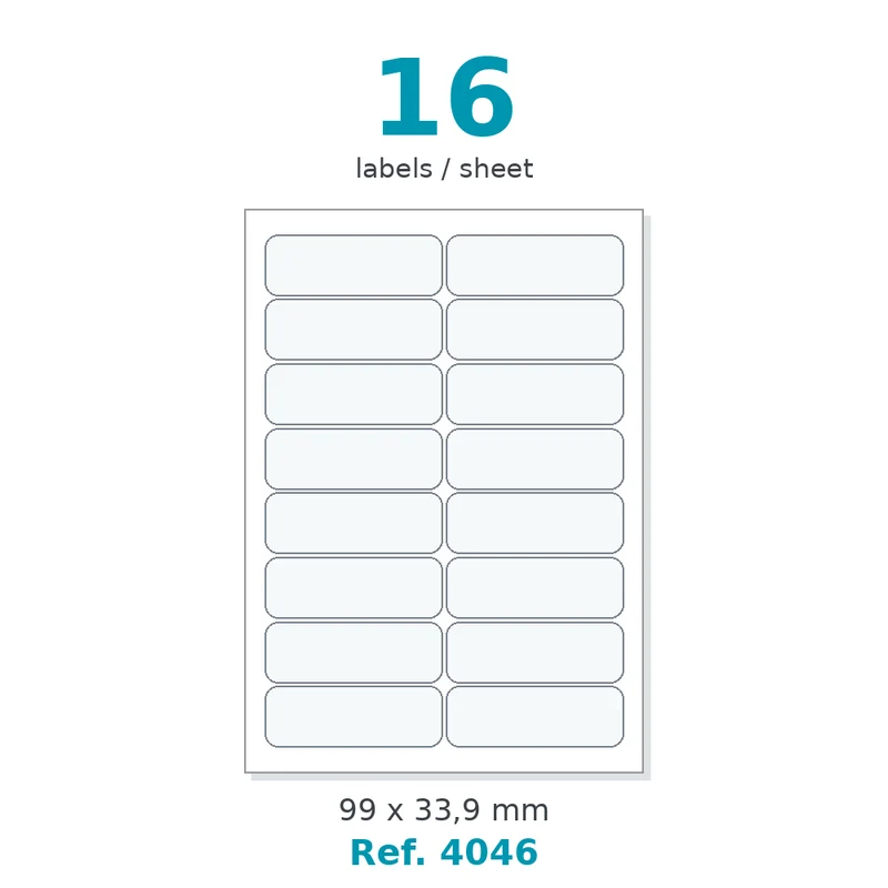 Planche A4 étiquettes velin blanc coins arrondis 99 x 33,9 mm - 16 étiq./planche - carton de 10 boîtes (200 planches/boîte) - Réf. 4046