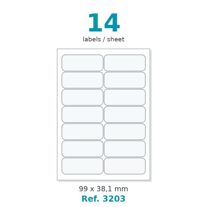 Planche A4 étiquettes velin blanc coins arrondis 99 x 38,1 mm - 14 étiq./planche - carton de 10 boîtes (200 planches/boîte) - Réf. 3203