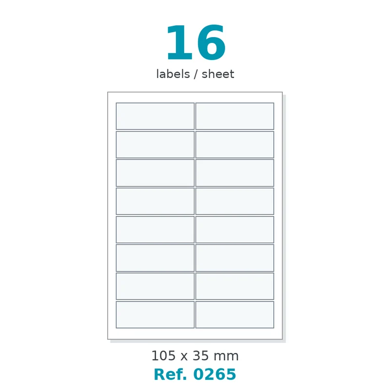 Planche A4 étiquettes velin blanc coins vifs 105 x 35 mm - 16 étiq./planche - carton de 10 boîtes (200 planches/boîte) - Réf. 0265