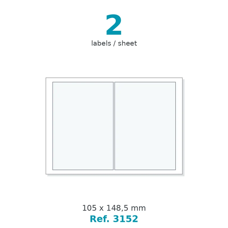 Planche A5 étiquettes velin blanc 105 x 148,5 mm - 2 étiq./planche - carton de 10 boîtes (400 planches/boîte) - Réf. 3152