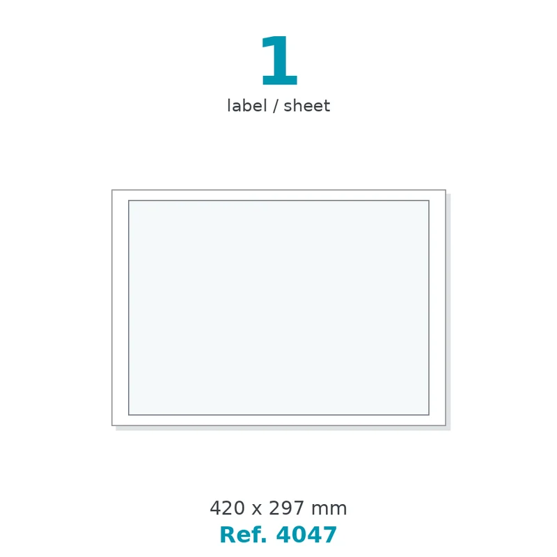 Planche A3 étiquettes velin blanc 420 x 297 mm - 1 étiq./planche - carton de 10 boîtes (500 planches/boîte) - Réf. 4047