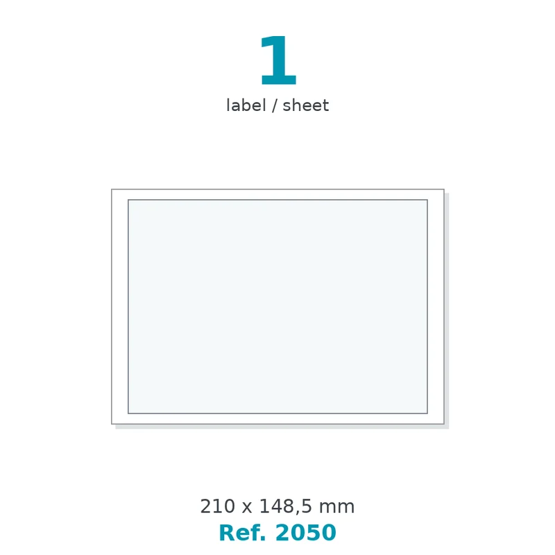 Planche A5 étiquettes velin blanc 210 x 148,5 mm - 1 étiq./planche - carton de 10 boîtes (400 planches/boîte) - Réf. 2050