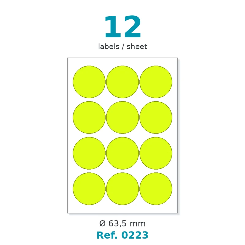 Planche A4 étiquettes velin fluo jaune ronde Ø 63,5 - 12 étiq./planche - carton de 10 boîtes (100 planches/boîte) - Réf. 0223