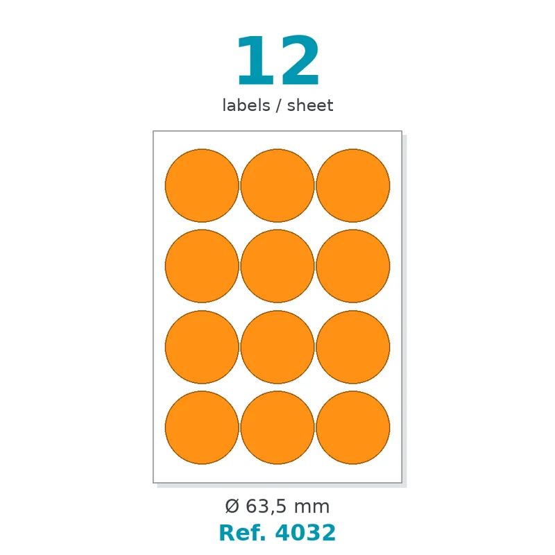 Planche A4 étiquettes velin fluo orange ronde Ø 63,5 - 12 étiq./planche - carton de 10 boîtes (100 planches/boîte) - Réf. 4032