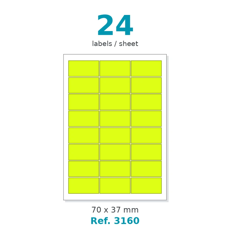 Planche A4 étiquettes velin fluo jaune 70 x 37 mm - 24 étiq./planche - carton de 10 boîtes (100 planches/boîte) - Réf. 3160