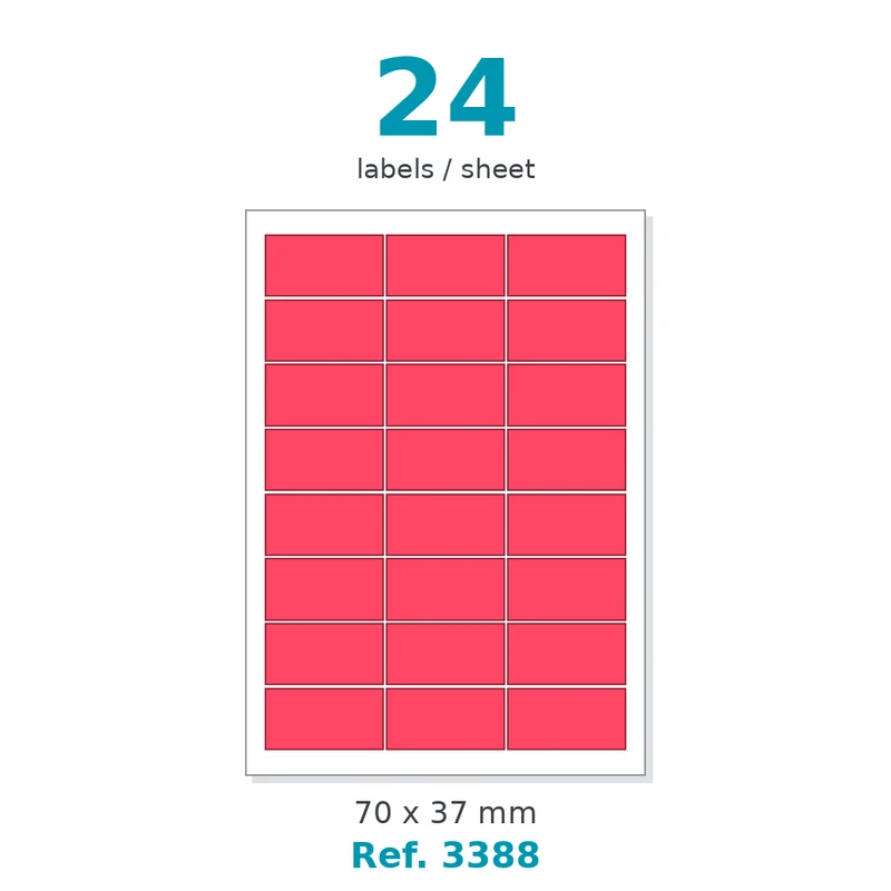 Planche A4 étiquettes velin fluo rouge 70 x 37 mm - 24 étiq./planche - carton de 10 boîtes (100 planches/boîte) - Réf. 3388