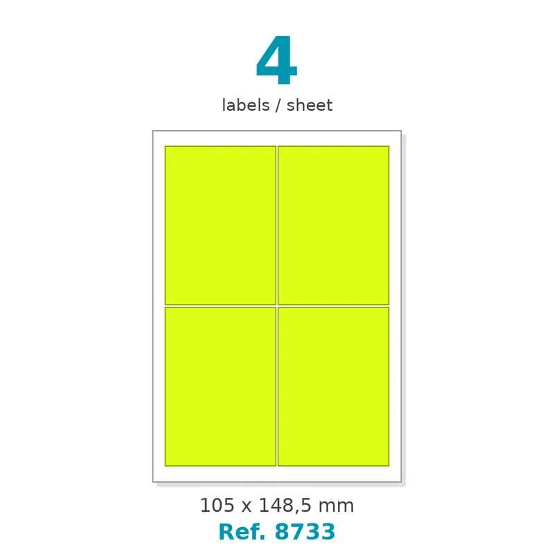 Planche A4 étiquettes velin fluo jaune 105 x 148,5 mm - 4 étiq./planche - carton de 10 boîtes (100 planches/boîte) - Réf. 8733