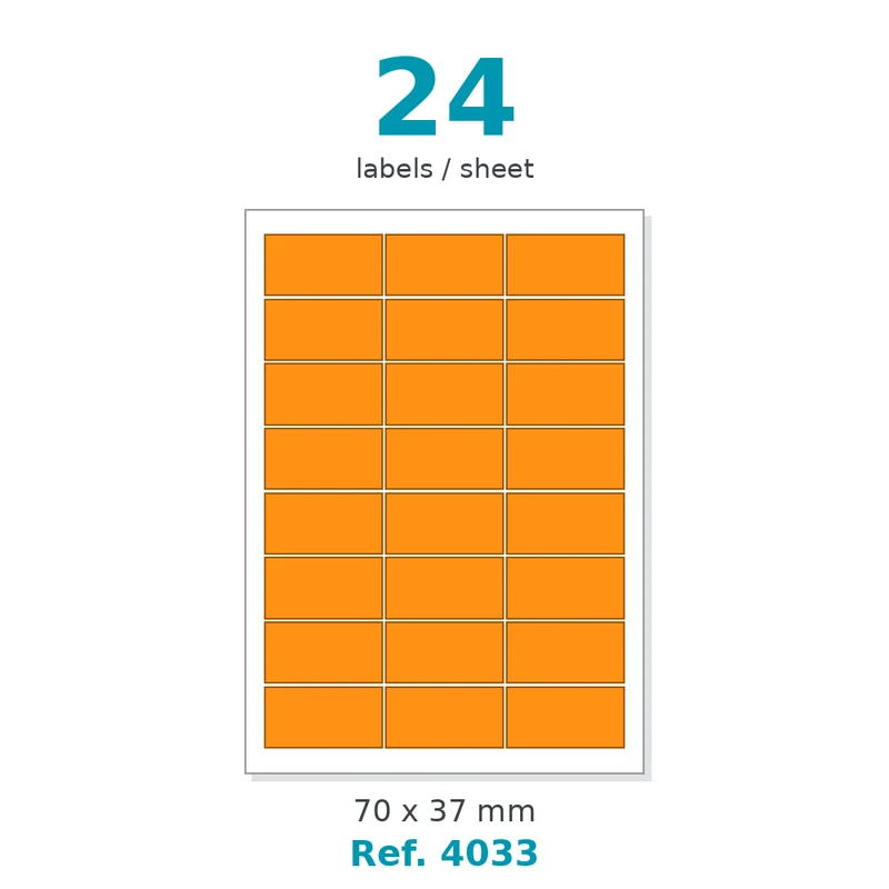 Planche A4 étiquettes velin fluo orange 70 x 37 mm - 24 étiq./planche - carton de 10 boîtes (100 planches/boîte) - Réf. 4033