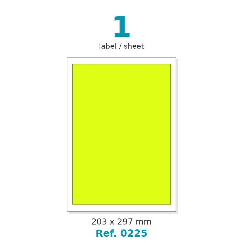Planche A4 étiquettes velin fluo jaune 203 x 297 mm - 1 étiq./planche - carton de 10 boîtes (200 planches/boîte) - Réf. 0225