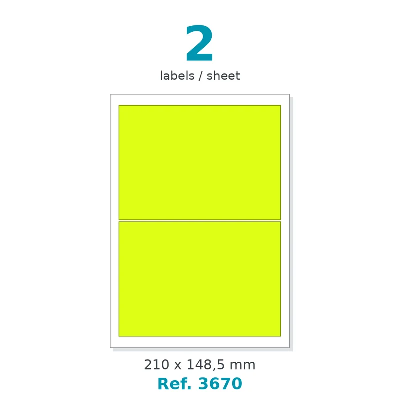 Planche A4 étiquettes velin fluo jaune 210 x 148,5 mm - 2 étiq./planche - carton de 10 boîtes (100 planches/boîte) - Réf. 3670