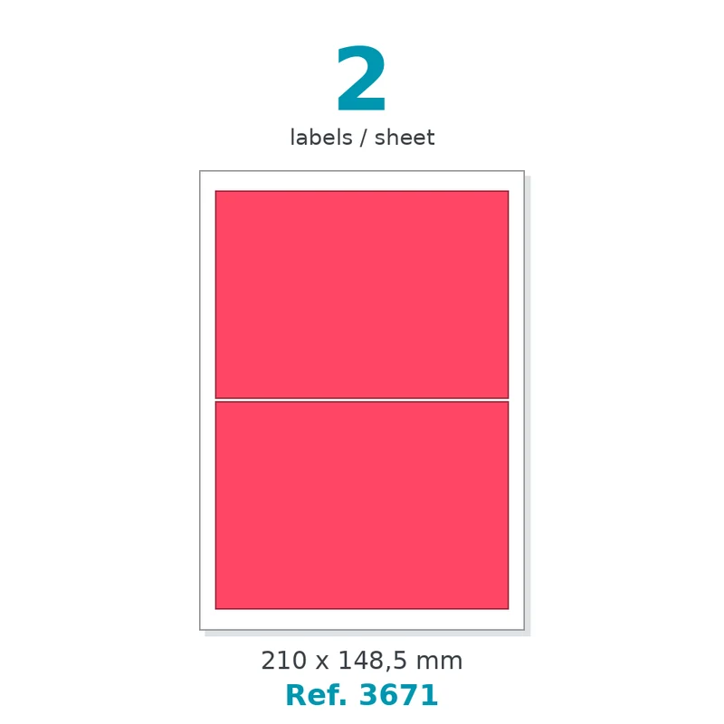 Planche A4 étiquettes velin fluo rouge 210 x 148,5 mm - 2 étiq./planche - carton de 10 boîtes (100 planches/boîte) - Réf. 3671
