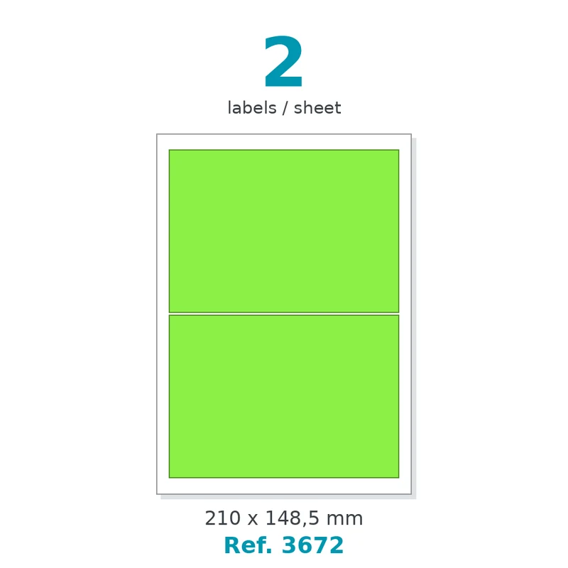 Planche A4 étiquettes velin fluo vert 210 x 148,5 mm - 2 étiq./planche - carton de 10 boîtes (100 planches/boîte) - Réf. 3672