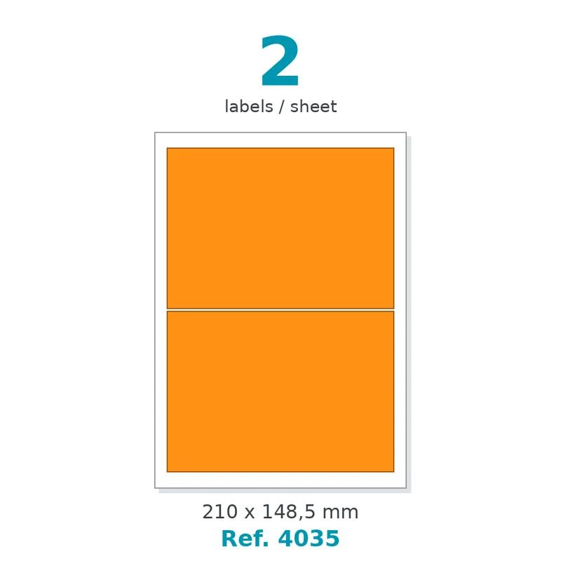 Planche A4 étiquettes velin fluo orange 210 x 148,5 mm - 2 étiq./planche - carton de 10 boîtes (100 planches/boîte) - Réf. 4035