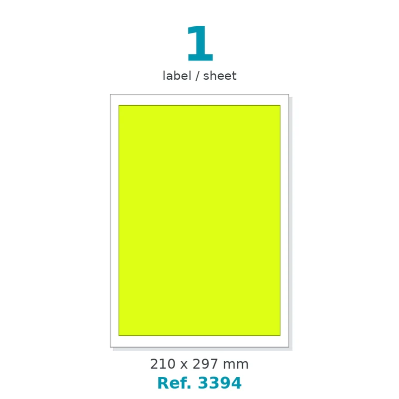 Planche A4 étiquettes velin fluo jaune 210 x 297 mm - 1 étiq./planche - carton de 10 boîtes (100 planches/boîte) - Réf. 3394